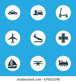 Vector Illustration Set Of Simple Transport Icons. Elements Kids Activity, Automotive, Steam Train And Other Synonyms Automobilist, Rail And Boat.