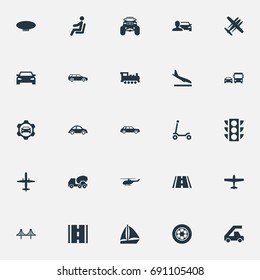 Vector Illustration Set Of Simple Transport Icons. Elements Downgrade, Automobilist, Yacht And Other Synonyms Bomber, Public And Stoplight.