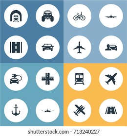 Vector Illustration Set Of Simple Transport Icons. Elements Aeroplane, Automobilist, Intersection And Other Synonyms Auto, Bike And Jet.