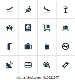 Vector Illustration Set Of Simple Transportation Icons. Elements Travel Bag, Garage, Luggage Carousel And Other Synonyms Stop, Bag And Fly.