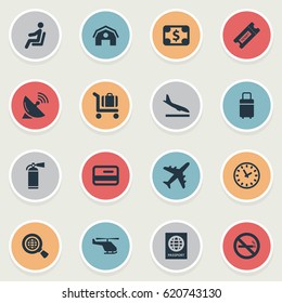 Vector Illustration Set Of Simple Transportation Icons. Elements Cigarette Forbidden, Baggage Cart, Alighting Plane And Other Synonyms Card, Cart And Alighting.