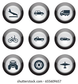 Vector Illustration Set Of Simple Transportation Icons. Elements Aero, Motor Lorry, Tire And Other Synonyms Velocipede, Mini And Landing.