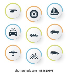 Vector Illustration Set Of Simple Transportation Icons. Elements Aerocab, Yacht, Aero And Other Synonyms Tire, Car And Airplane.