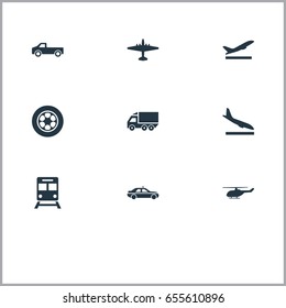 Vector Illustration Set Of Simple Transportation Icons. Elements Aeration, Downgrade, Aerocab And Other Synonyms Van, Ramjet And Plane.