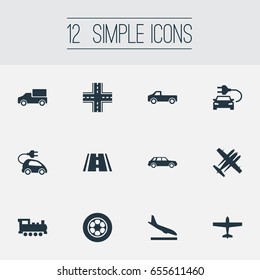 Vector Illustration Set Of Simple Transportation Icons. Elements Airliner, Hybrid Auto, Downgrade And Other Synonyms Street, Highway And Landing.