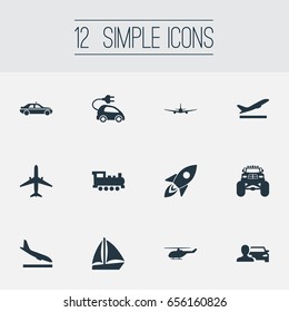 Vector Illustration Set Of Simple Transportation Icons. Elements Aerocab, Steam Train, Yacht And Other Synonyms Taxi, Airplane And Train.