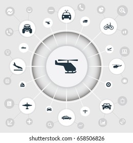 Vector Illustration Set Of Simple Transportation Icons. Elements Aero, Motor Lorry, Bike And Other Synonyms Ship, Bicycle And Jeep.