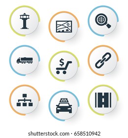 Vector Illustration Set Of Simple Transportation Icons. Elements Cab, Shopping, Development Scheme And Other Synonyms Fuel, Truck And Programming.