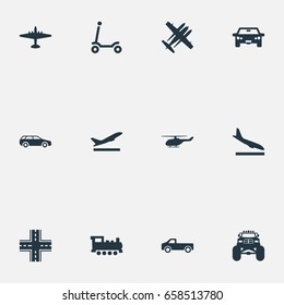 Vector Illustration Set Of Simple Transportation Icons. Elements Carriage, Truck, Steam Train And Other Synonyms Kick, Aircraft And Monster.