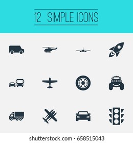 Vector Illustration Set Of Simple Transportation Icons. Elements Airliner, Spaceship, Transport And Other Synonyms Lorry, Plane And Trailer.
