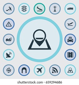 Vector Illustration Set Of Simple Transportation Icons. Elements Aviation, Arrival Aircraft, Stoplight And Other Synonyms Departure, Warn And Location.