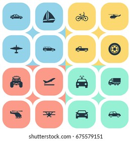 Vector Illustration Set Of Simple Transportation Icons. Elements Small Automobile, Aerocab, Tire And Other Synonyms Taxi, Wheel And Tire.