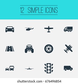 Vector Illustration Set Of Simple Transportation Icons. Elements Road, Aerocab, Tire And Other Synonyms Light, Plane And Fighter.