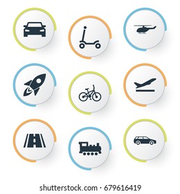 Vector Illustration Set Of Simple Transportation Icons. Elements Road, Auto, Steam Train And Other Synonyms Aircraft, Street And Rail.