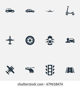 Vector Illustration Set Of Simple Transportation Icons. Elements Kids Activity, Aeroplane, Hatchback And Other Synonyms Jet, Automobile And Flight.