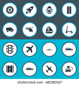 Vector Illustration Set Of Simple Transportation Icons. Elements Hatchback, Semaphore, Sedan And Other Synonyms Vehicle, Tuning And Ecological.