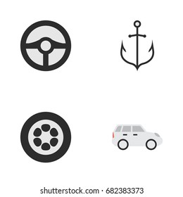 Vector Illustration Set Of Simple Transportation Icons. Elements Wheel, Armature, Steering And Other Synonyms Crossover, Iron And Steering.