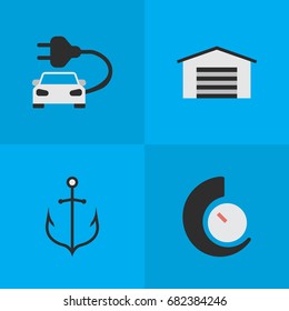 Vector Illustration Set Of Simple Transportation Icons. Elements Armature, Speedometer, Shed And Other Synonyms Car, Anchor And Counter.