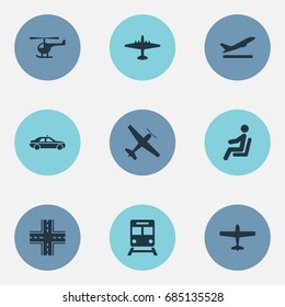 Vector Illustration Set Of Simple Transportation Icons. Elements Aero, Cab, Airliner And Other Synonyms Plane, Car And Highway.