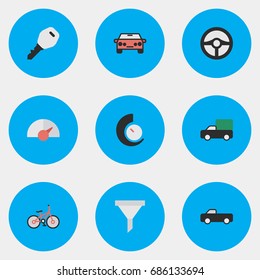 Vector Illustration Set Of Simple Transportation Icons. Elements Speed, Strainer, Recycle And Other Synonyms Pickup, Bicycle And Sedan.