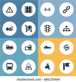 Vector Illustration Set Of Simple Transportation Icons. Elements Suv, Bulldozer, Baggage Cart And Other Synonyms Location, Equipment And Locomotive.