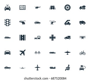 Vector Illustration Set Of Simple Transportation Icons. Elements Auto, Aeroplane, Highway And Other Synonyms Flight, Auto And Airliner.
