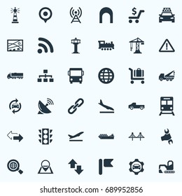 Vector Illustration Set Of Simple Transportation Icons. Elements Map Pin, Radio Tower, Stoplight And Other Synonyms Directions, Location And Excavator.