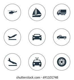 Vector Illustration Set Of Simple Transportation Icons. Elements Jeep, Tire, Motor Lorry And Other Synonyms Ship, Police And Lorry.