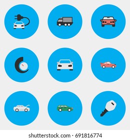 Vector Illustration Set Of Simple Transportation Icons. Elements Lorry, Open, Automobile And Other Synonyms Speedometer, Counter And Car.