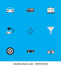 Vector Illustration Set Of Simple Transportation Icons. Elements Charge, Lorry, Wheel And Other Synonyms Car, Strainer And Battery.