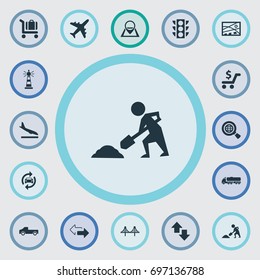 Vector Illustration Set Of Simple Transportation Icons. Elements Aviation, City Plan, Navigation And Other Synonyms Location, Arrival And Workshop.