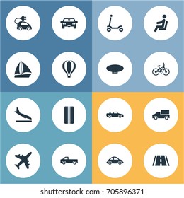 Vector Illustration Set Of Simple Transportation Icons. Elements Sky Travel, Road, Blimp And Other Synonyms Road, Aircraft And Traveler.
