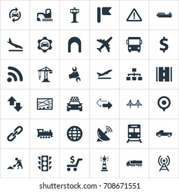 Vector Illustration Set Of Simple Transportation Icons. Elements Development Scheme, Road, City Plan And Other Synonyms Cab, Trolley And Flight.