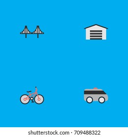 Vector Illustration Set Of Simple Transportation Icons. Elements Bridgework, Recycle, Shed And Other Synonyms Bicycle, Garage And Artillery.