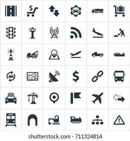 Vector Illustration Set Of Simple Transportation Icons. Elements Aviation, Cargo Shipping, Subway And Other Synonyms Bulldozer, Algorithm And Economy.