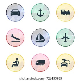 Vector Illustration Set Of Simple Transportation Icons. Elements Motor Lorry, Steam Train, Sailing And Other Synonyms Car, Driver And Airplane.