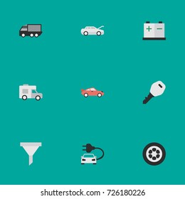 Vector Illustration Set Of Simple Transportation Icons. Elements Automobile, Accumulator, Strainer And Other Synonyms Charge, Auto And Van.