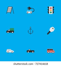 Vector Illustration Set Of Simple Transportation Icons. Elements Family, Stairs, Suv And Other Synonyms Open, Garage And Stairs.