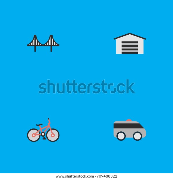Vector Illustration Set Of Simple\
Transportation Icons. Elements Bridgework, Recycle, Shed And Other\
Synonyms Bicycle, Garage And\
Artillery.