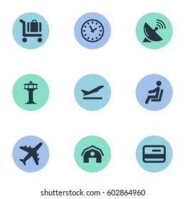 Vector Illustration Set Of Simple Travel Icons. Elements Plane, Credit Card, Watch And Other Synonyms Tower, Antenna And Watch.