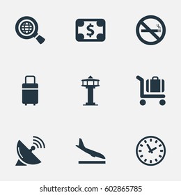 Vector Illustration Set Of Simple Travel Icons. Elements Antenna, Travel Bag, Flight Control Tower And Other Synonyms Bag, Time And Stop.