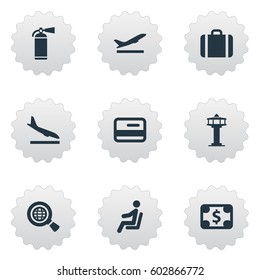 Vector Illustration Set Of Simple Travel Icons. Elements Credit Card, Alighting Plane, Flight Control Tower And Other Synonyms Suitcase, Seat And Fly.