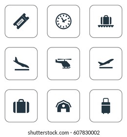 Vector Illustration Set Of Simple Travel Icons. Elements Alighting Plane, Travel Bag, Air Transport And Other Synonyms Luggage, Shed And Coupon.