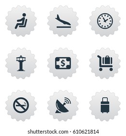 Vector Illustration Set Of Simple Travel Icons. Elements Flight Control Tower, Alighting Plane, Cigarette Forbidden And Other Synonyms Warning, Fly And Trolley.