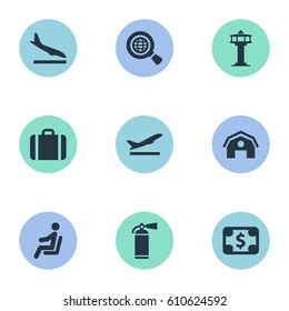 Vector Illustration Set Of Simple Travel Icons. Elements Alighting Plane, Seat, Takeoff And Other Synonyms Takeoff, Control And Earth.