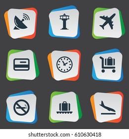 Vector Illustration Set Of Simple Travel Icons. Elements Luggage Carousel, Flight Control Tower, Alighting Plane And Other Synonyms Antenna, Baggage And Alighting.