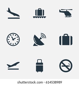 Vector Illustration Set Of Simple Travel Icons. Elements Cigarette Forbidden, Travel Bag, Alighting Plane And Other Synonyms Conveyor, Case And Stop.