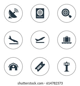 Vector Illustration Set Of Simple Travel Icons. Elements Certificate Of Citizenship, Global Research, Takeoff And Other Synonyms Bag, Satelite And Certificate.