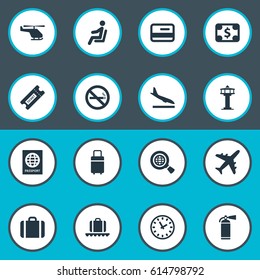 Vector Illustration Set Of Simple Travel Icons. Elements Cigarette Forbidden, Global Research, Handbag Synonyms Case, Currency And Certificate.