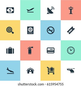 Vector Illustration Set Of Simple Travel Icons. Elements Garage, Baggage Cart, Watch And Other Synonyms Control, Case And Pass.